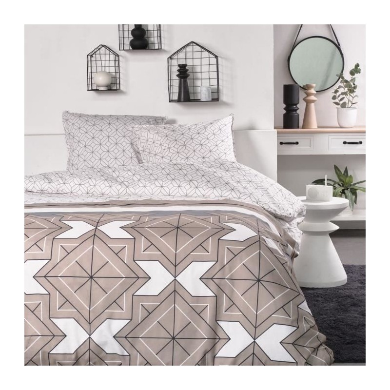 Parure de lit 2 personnes -TODAY - 240x200 cm - 100% Coton - Beige, Noir et B...