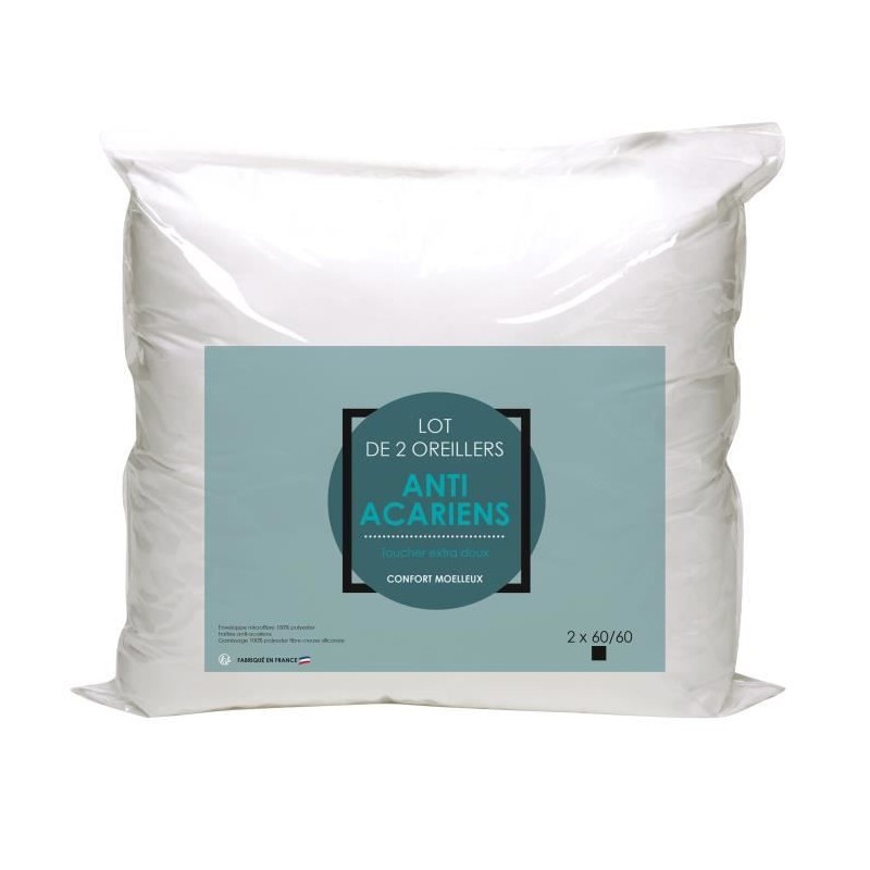 Lot de 2 oreillers Microfibre Anti-Acariens 60x60cm