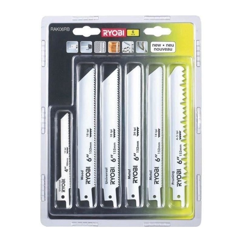 RYOBI - Blister 6 lames panachées scie sabre longueur 100 / 152 mm bois / mét...