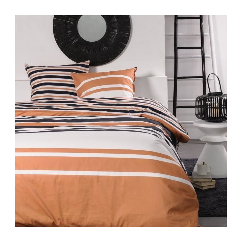Parure de lit 2 personnes -TODAY - 240x220 cm - 100% Coton - Orange, Noir et ...