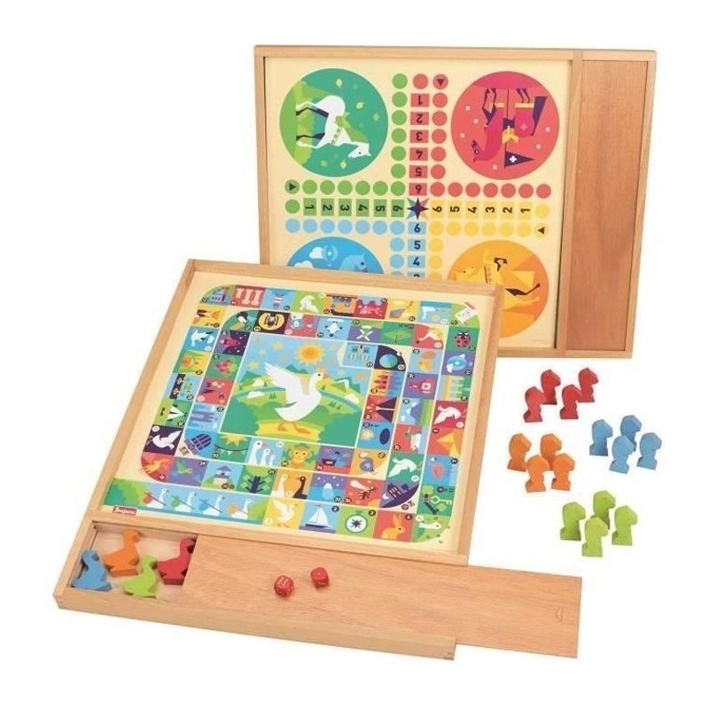 JEUJURA Jeux de l'oie et petits chevaux - Plateau avec plumier en bois