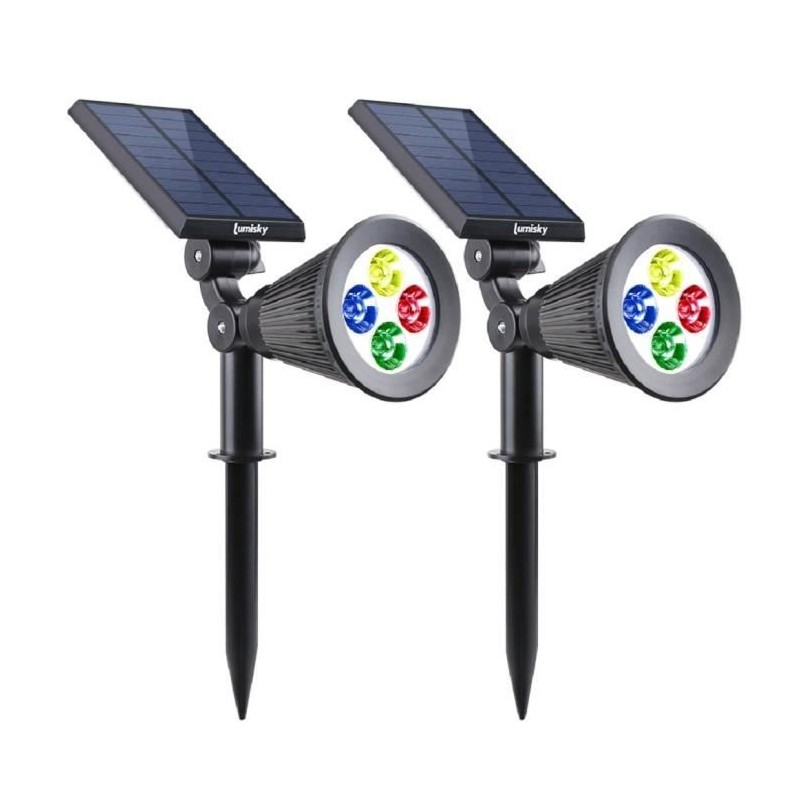 Pack de 2 Spots solaires extérieur étanches - LUMISKY - 4 LEDs colorées RGB -...
