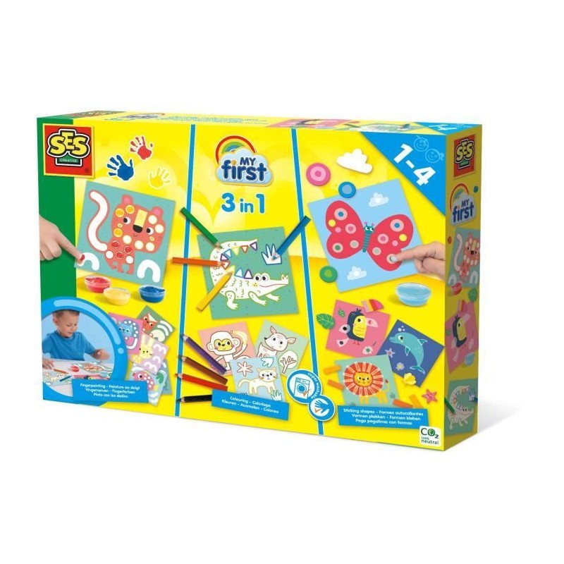 Kit 3 en 1 Peinture au doigt, coloriage et formes autocollantes SES