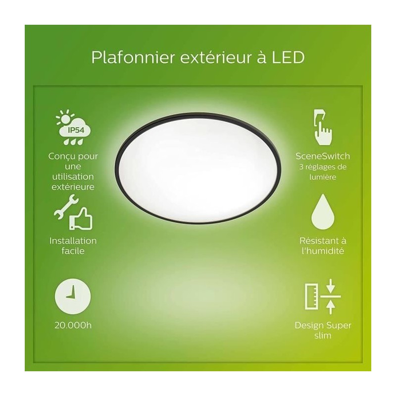 Plafonnier LED Philips SuperSlim 15W Noir IP54 pour extérieur