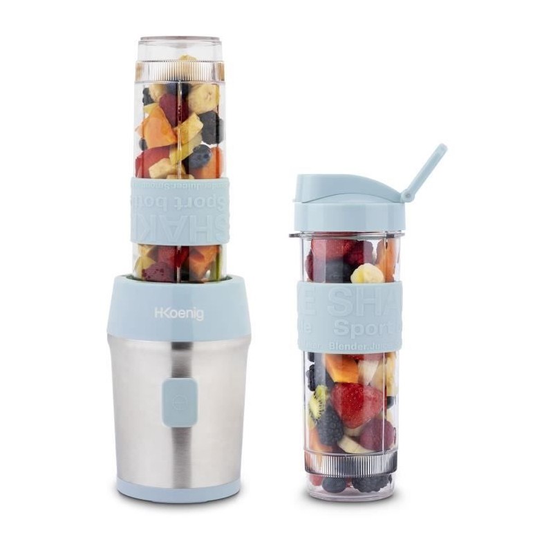 Mini blender - H.KoeNIG - SMOO16 - 300 W - 570 mL - Bleu pastel - 2 gourdes i...