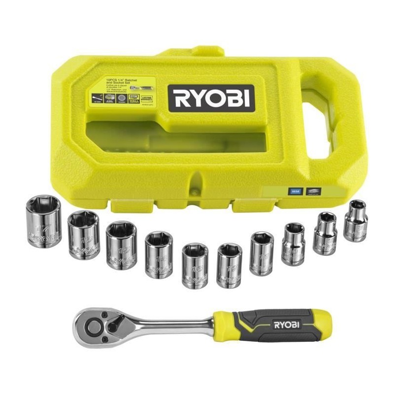 RYOBI - Coffret 1 clé 90 dents, 8 douilles (de 8 a 15 mm) & adaptateur 1/4'' ...