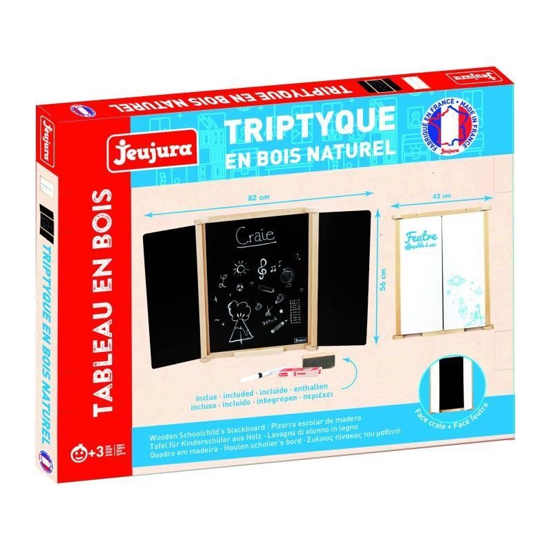 Tableau Triptyque Mural en Bois Naturel - JEUJURA - Ardoise Centrale et Volet...