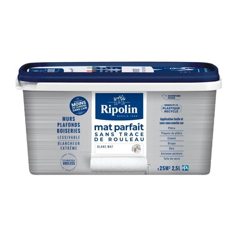 Peinture Mat parfait murs et plafonds - Blanc mat - RIPOLIN - 2,5 L