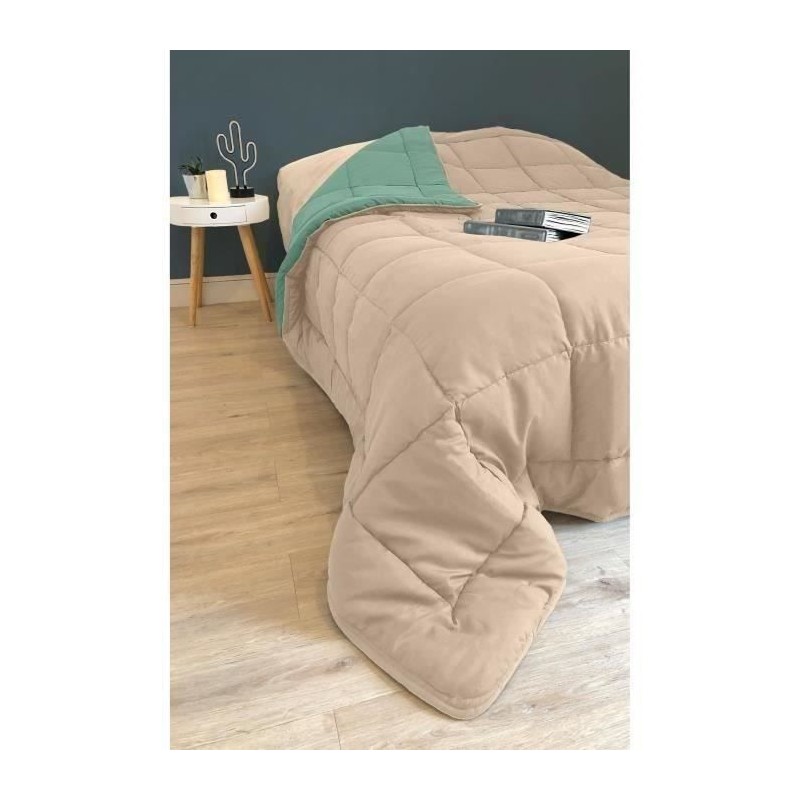 CALGARY - Couette Chaude Microfibre 400gr/m² - Gris Galet & Vert Lac - 140 x ...