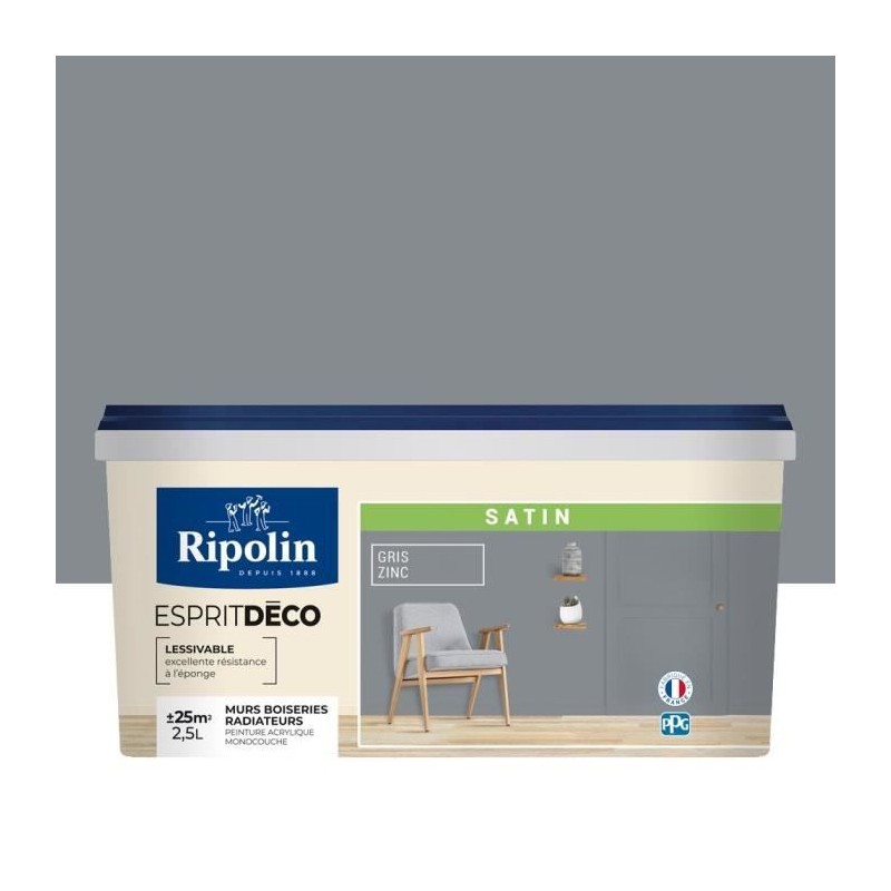 Peinture Murale Toutes Pieces - Satin - 2,5L - Gris Zinc - Ripolin
