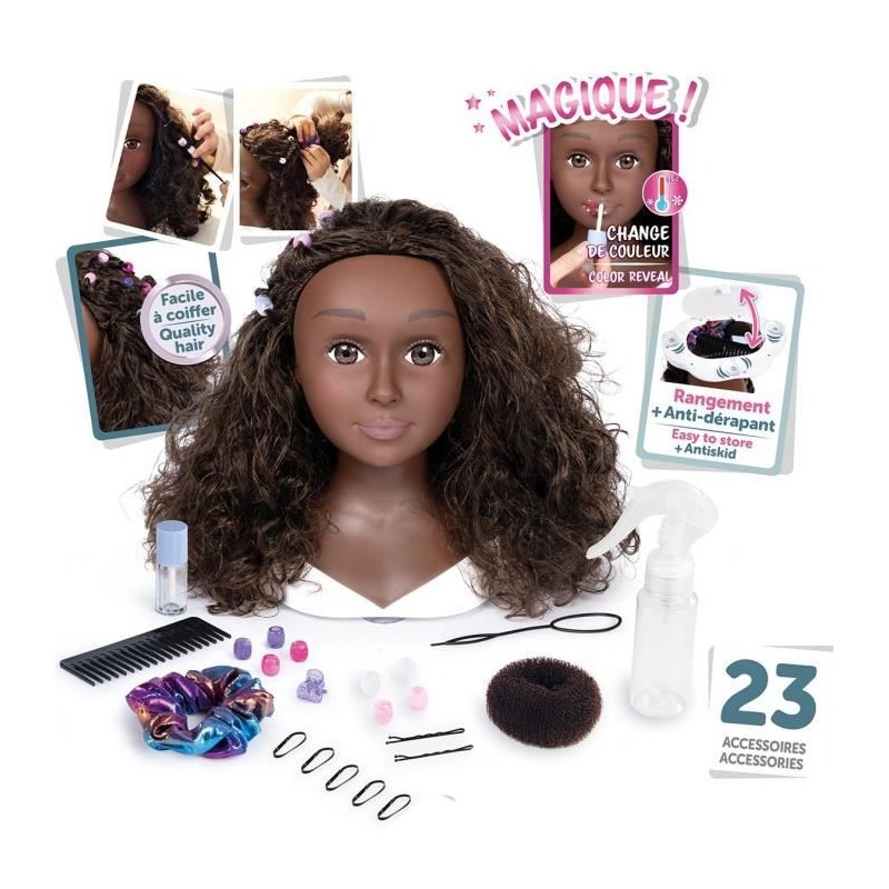 Smoby - Tete a coiffer cheveux afro - Facile a coiffer - 23 accessoires réali...