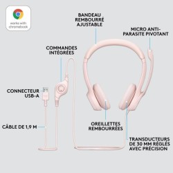 Casque - Filaire - Logitech - H390 - USB - Anti-parasite - Rose