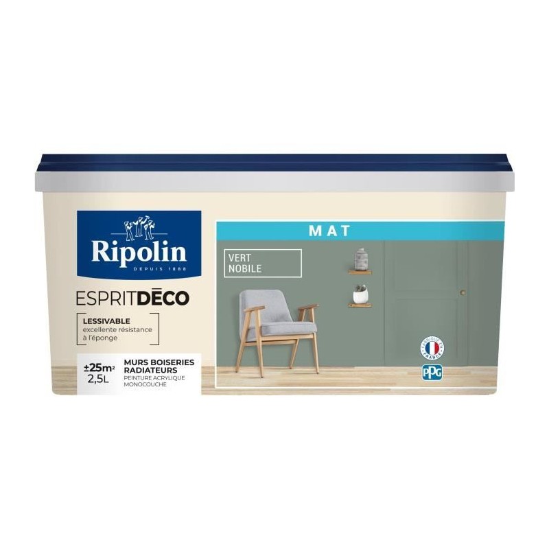 Peinture de décoration murale intérieure - Vert nobile mat - RIPOLIN - 2,5 L