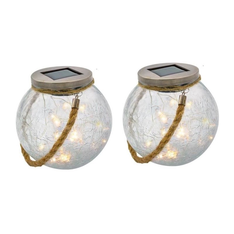 Lot de 2 boules solaires - LUMISKY - CRACK BALL CORD - H13 cm - Verre craquel...