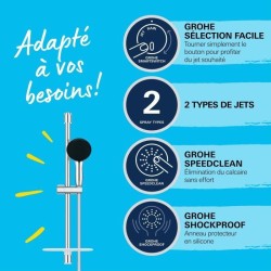 Ensemble de douche avec pommeau 2 jets, barre 60cm, flexible et tablette- GRO...