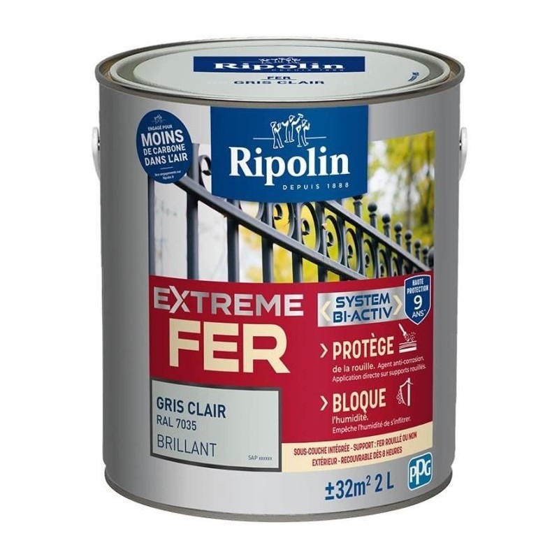 Peinture fer - RIPOLIN - 396709 - Gris clair - Brillant - 2 L