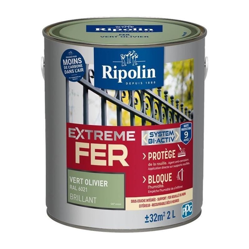 Peinture fer - RIPOLIN - 396707 - Vert olivier - Brillant - 2 L