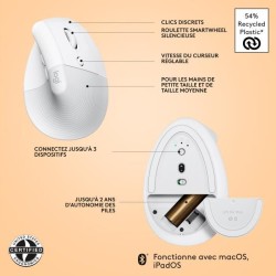 Souris - Sans Fil - Logitech - Lift Ergonomique Verticale - Blanc - Droitier ...