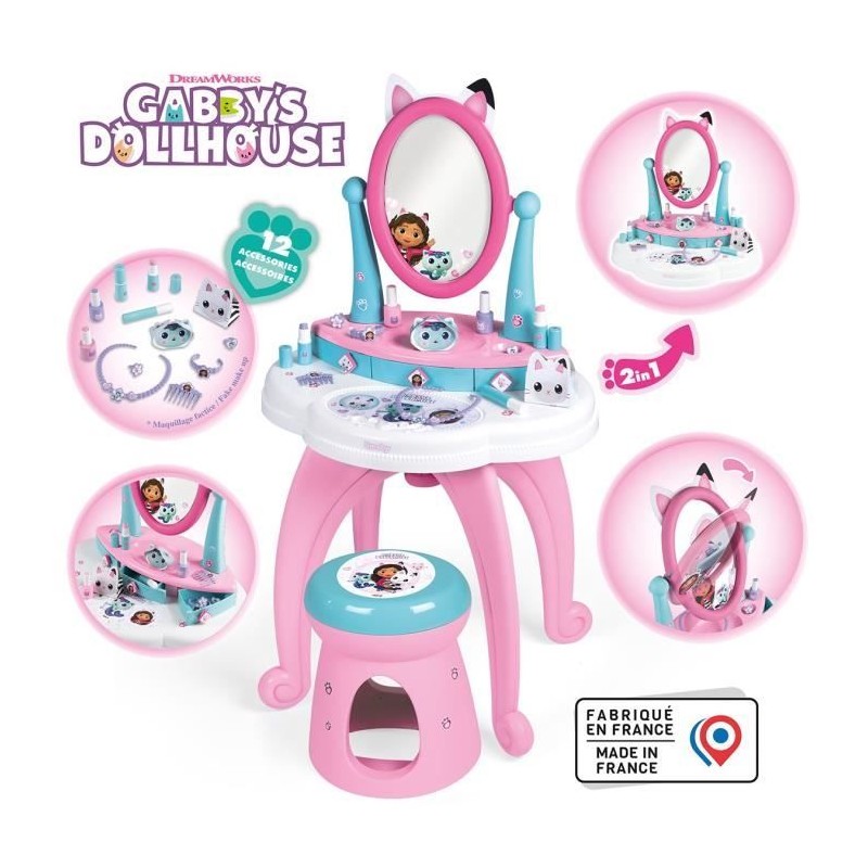 Smoby - Gabby et la Maison Magique - Coiffeuse enfant 2 en 1 - Tabouret inclu...