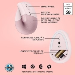 Souris - Sans Fil - Logitech - Lift Ergonomique Verticale - Rose - Droitier