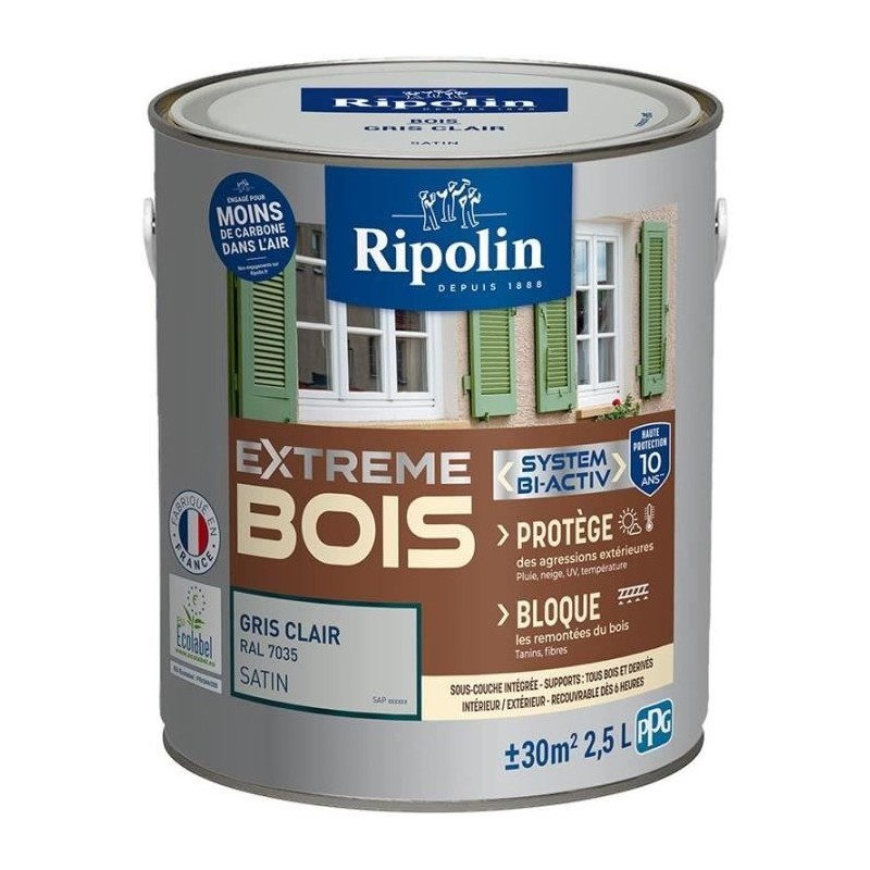 RIPOLIN Peinture pour bois intérieur et extérieur - Gris clair Ral 7035 satin...