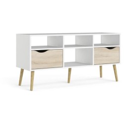 Meuble TV - 4 niches 2 tiroirs - Blanc / Chene - 117,2 x 39,1 x 57,4 cm ARO
