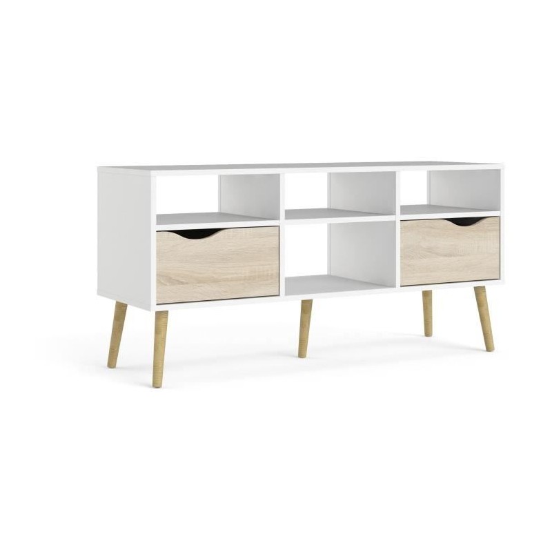 Meuble TV - 4 niches 2 tiroirs - Blanc / Chene - 117,2 x 39,1 x 57,4 cm ARO