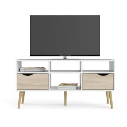 Meuble TV - 4 niches 2 tiroirs - Blanc / Chene - 117,2 x 39,1 x 57,4 cm ARO