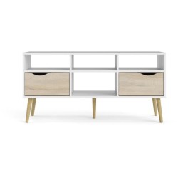 Meuble TV - 4 niches 2 tiroirs - Blanc / Chene - 117,2 x 39,1 x 57,4 cm ARO