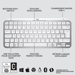 Clavier - Sans Fil - Logitech - MX Keys Mini - AZERTY - Rétroéclairé - Gris c...