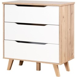 Commode 3 tiroirs - Décor chene et blanc mat - Pieds en massif - Scandinave L...