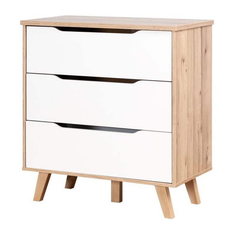 Commode 3 tiroirs - Décor chene et blanc mat - Pieds en massif - Scandinave L...