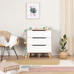 Commode 3 tiroirs - Décor chene et blanc mat - Pieds en massif - Scandinave L...