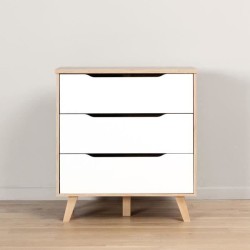 Commode 3 tiroirs - Décor chene et blanc mat - Pieds en massif - Scandinave L...