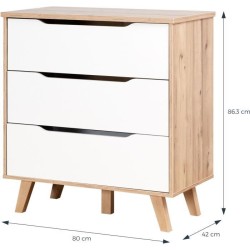 Commode 3 tiroirs - Décor chene et blanc mat - Pieds en massif - Scandinave L...