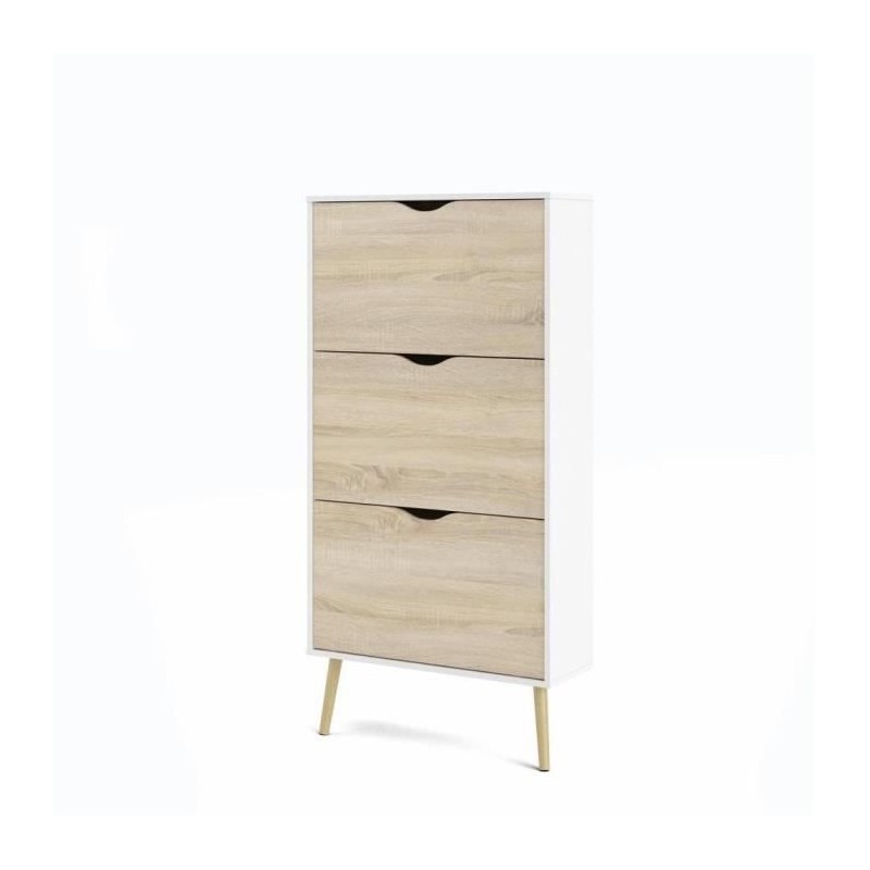 Meuble a chaussures - Blanc / Chene -  12 paires - Pietement évasé en bois ma...