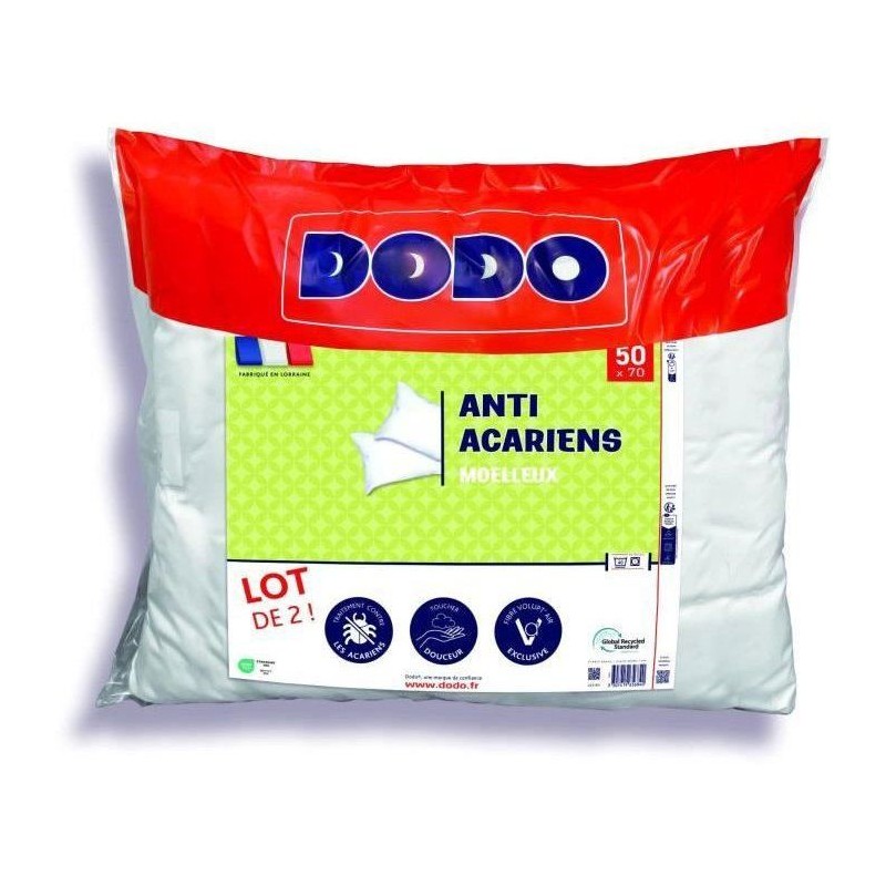 Lot de 2 oreillers anti-acariens 50x70 cm - 100% Polyester - DODO