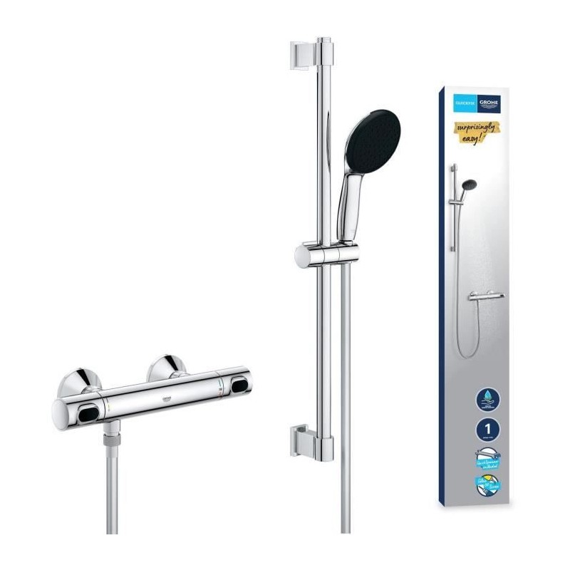 Ensemble de douche avec mitigeur thermostatique, pommeau 1 jet, barre 60cm et...