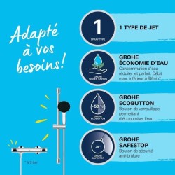 Ensemble de douche avec mitigeur thermostatique, pommeau 1 jet, barre 60cm et...