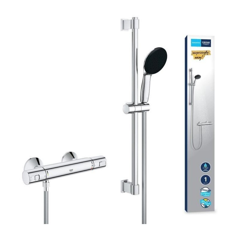 Ensemble de douche avec mitigeur thermostatique, pommeau 1 jet, barre 60cm et...