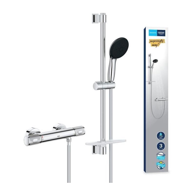 Ensemble de douche avec mitigeur thermostatique, pommeau 3 jets, barre 60cm e...