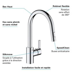 GROHE Robinet de cuisine évier Feel, douchette extractible, rotation 360°, be...