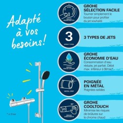 Ensemble de douche avec mitigeur thermostatique, pommeau 3 jets, barre 60cm e...
