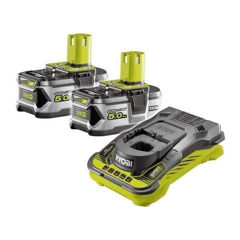 RYOBI - 2 batteries lithium+ 18V ONE+ 5,0 Ah et 1 chargeur ultra rapide 5,0 A...