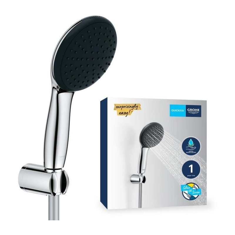 Ensemble de douche avec pommeau 1 jet Pluie, support et flexible 1,75m - GROH...