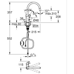 Robinet de cuisine - Chromé - Bec haut en C - Mousseur extractible - Rotation...