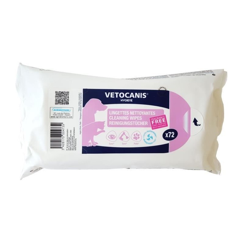 VETOCANIS Lingettes Nettoyantes Grand Format X72 Chien / Chat