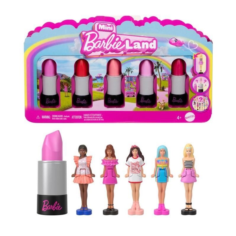 BARBIE Coffret Mini BarbieLand 6 rouge a levres avec mini poupées -