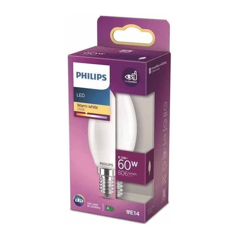 Ampoule LED - PHILIPS - Non dimmable - E14 - 60W - Blanc Chaud