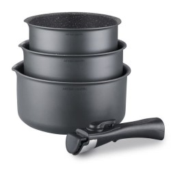 Set de 3 casseroles Gris Mat 16-18-20 cm + 1 poignée amovible - Aluminium – R...